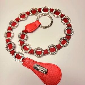 WOMENS Red Stretch Belt Bling Crystals Buckle Elasticized Band Belt